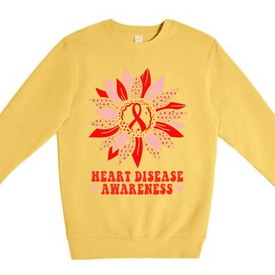 Red Sunflower Leopard Ribbon Heart Disease Awareness Month Gift Premium Crewneck Sweatshirt