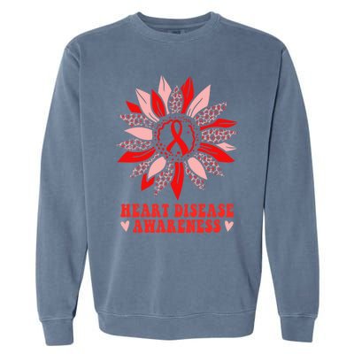 Red Sunflower Leopard Ribbon Heart Disease Awareness Month Gift Garment-Dyed Sweatshirt