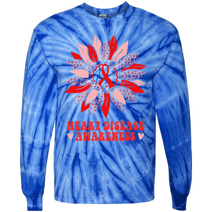 Red Sunflower Leopard Ribbon Heart Disease Awareness Month Gift Tie-Dye Long Sleeve Shirt