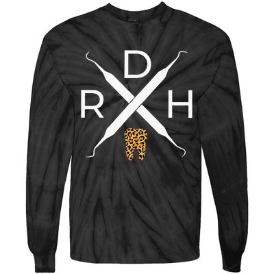 Rdh Scaler Logo With Leopard Print Tooth Dental Hygienist Tie-Dye Long Sleeve Shirt