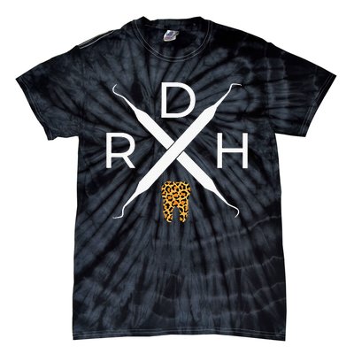 Rdh Scaler Logo With Leopard Print Tooth Dental Hygienist Tie-Dye T-Shirt