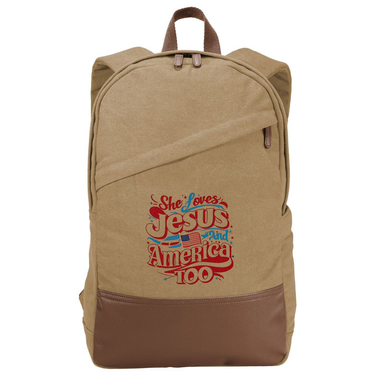 Retro She Loves Jesus And America Too 4th Of July Usa Cotton Canvas Backpack