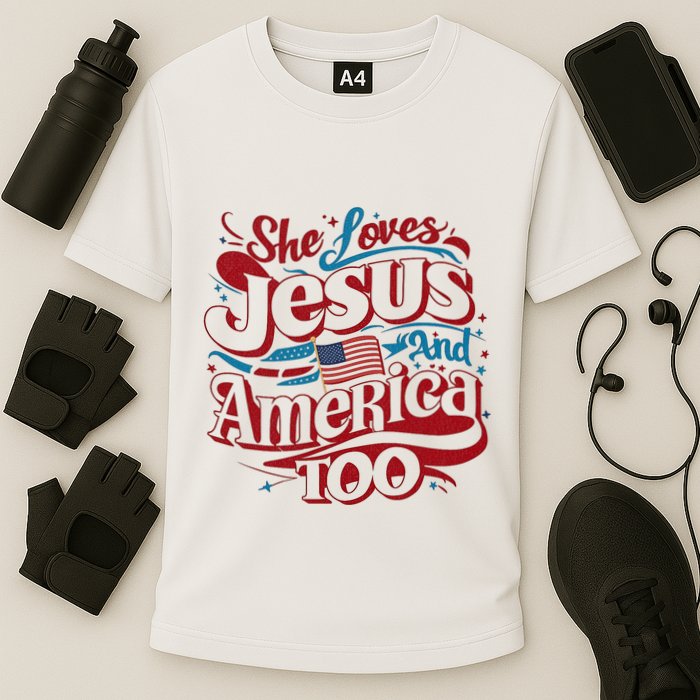 Retro She Loves Jesus And America Too 4th Of July Usa Cooling Performance Crew T-Shirt