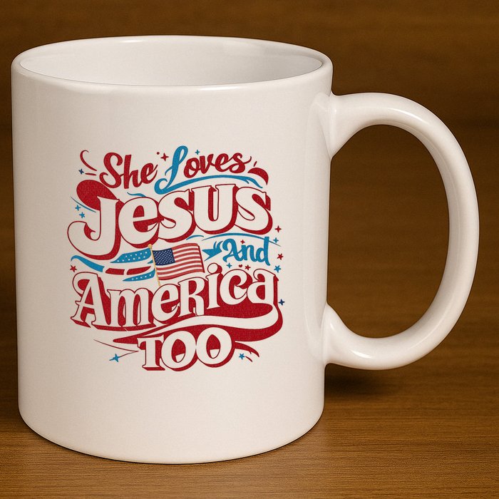 Retro She Loves Jesus And America Too 4th Of July Usa 11oz C Handle Ceramic Mug