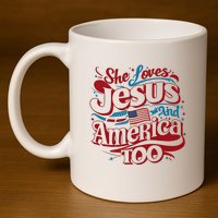 Retro She Loves Jesus And America Too 4th Of July Usa 11oz C Handle Ceramic Mug