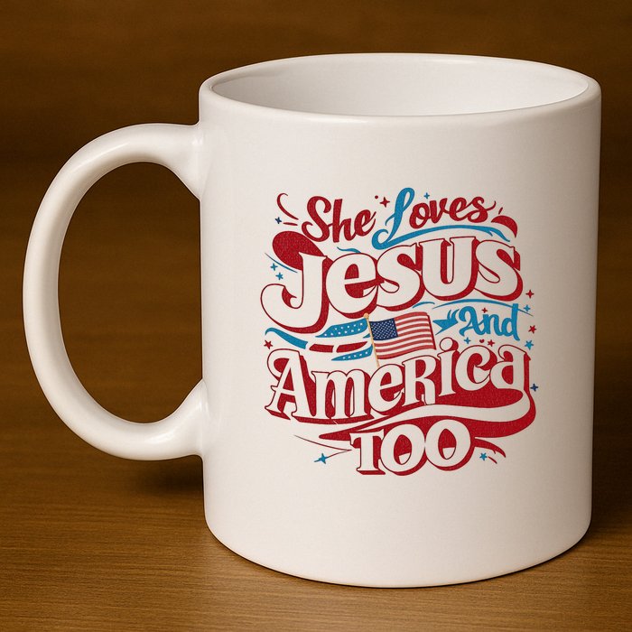 Retro She Loves Jesus And America Too 4th Of July Usa 11oz C Handle Ceramic Mug