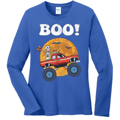 Retro Skeleton Monster Truck Halloween Matching Costume Gift Ladies Long Sleeve Shirt