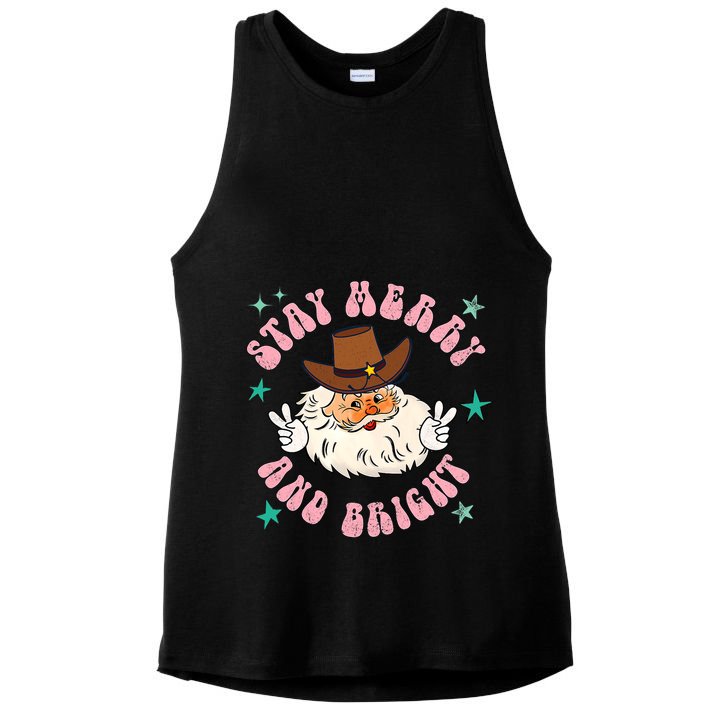 Retro Stay Merry And Bright Cowboy Santa Claus Ladies PosiCharge Tri-Blend Wicking Tank