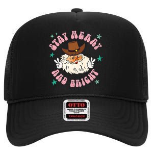 Retro Stay Merry And Bright Cowboy Santa Claus High Crown Mesh Back Trucker Hat