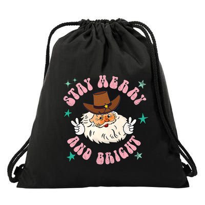 Retro Stay Merry And Bright Cowboy Santa Claus Drawstring Bag