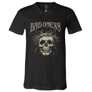 Retro Skulls Music Rock 90s Omens Pride Family Bad Gift Idea V-Neck T-Shirt