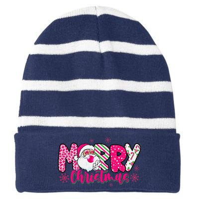 Retro Santa Merry Christmas Blowing Bubble Xmas Striped Beanie with Solid Band