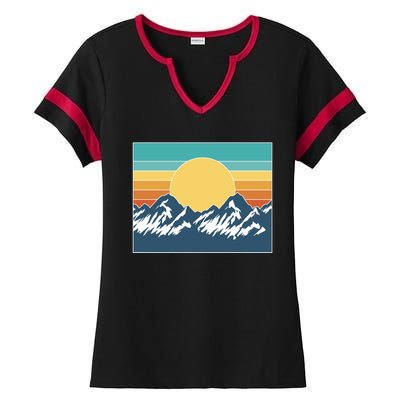 Retro Sunset Mountain Nature Ladies Halftime Notch Neck Tee