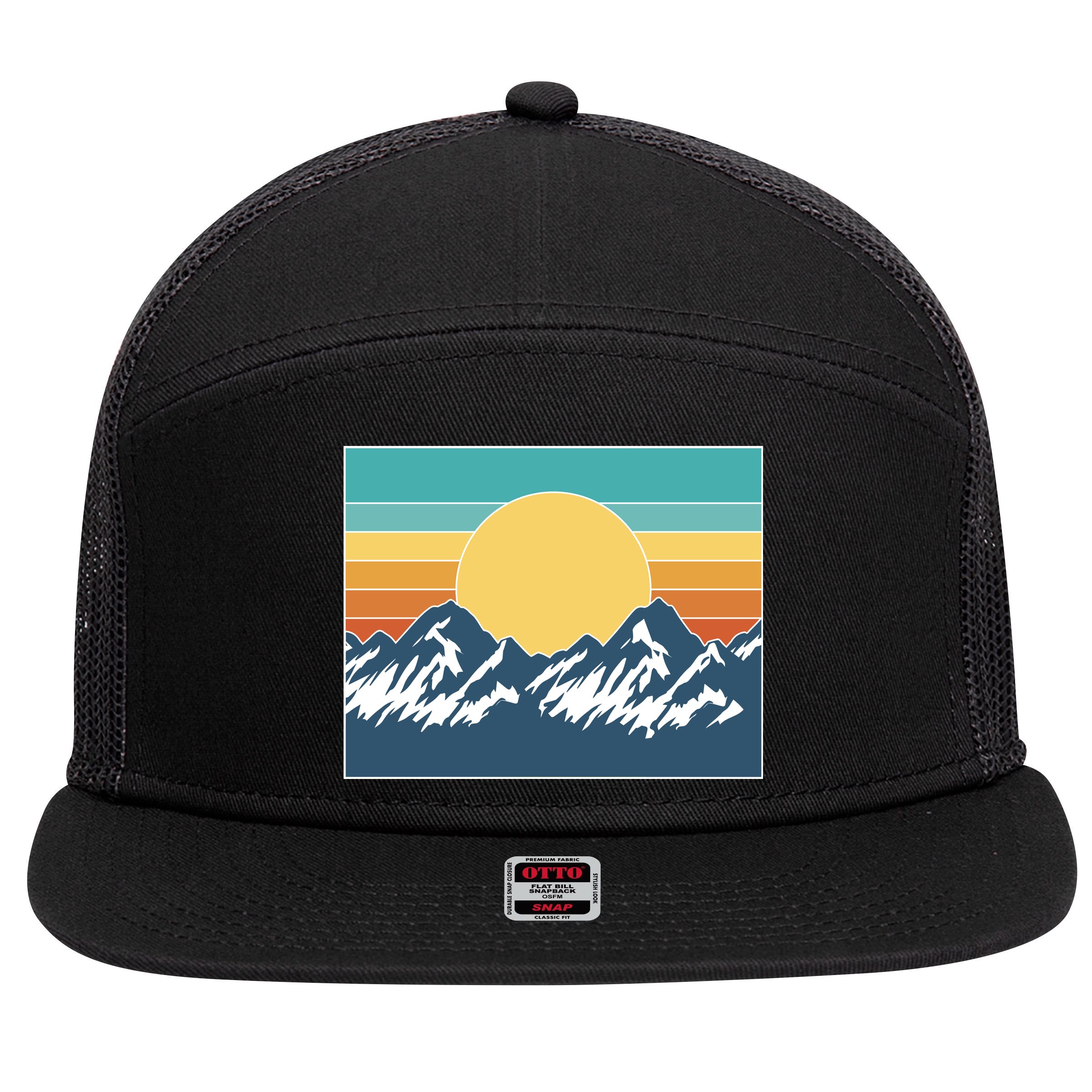 Retro Sunset Mountain Nature 7 Panel Mesh Trucker Snapback Hat