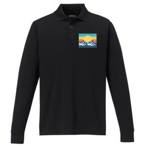 Retro Sunset Mountain Nature Performance Long Sleeve Polo