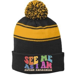 Retro See Me As I Am Autism Awareness Stripe Pom Pom Beanie