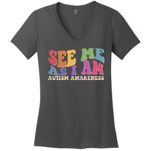 Retro See Me As I Am Autism Awareness Women's V-Neck T-Shirt