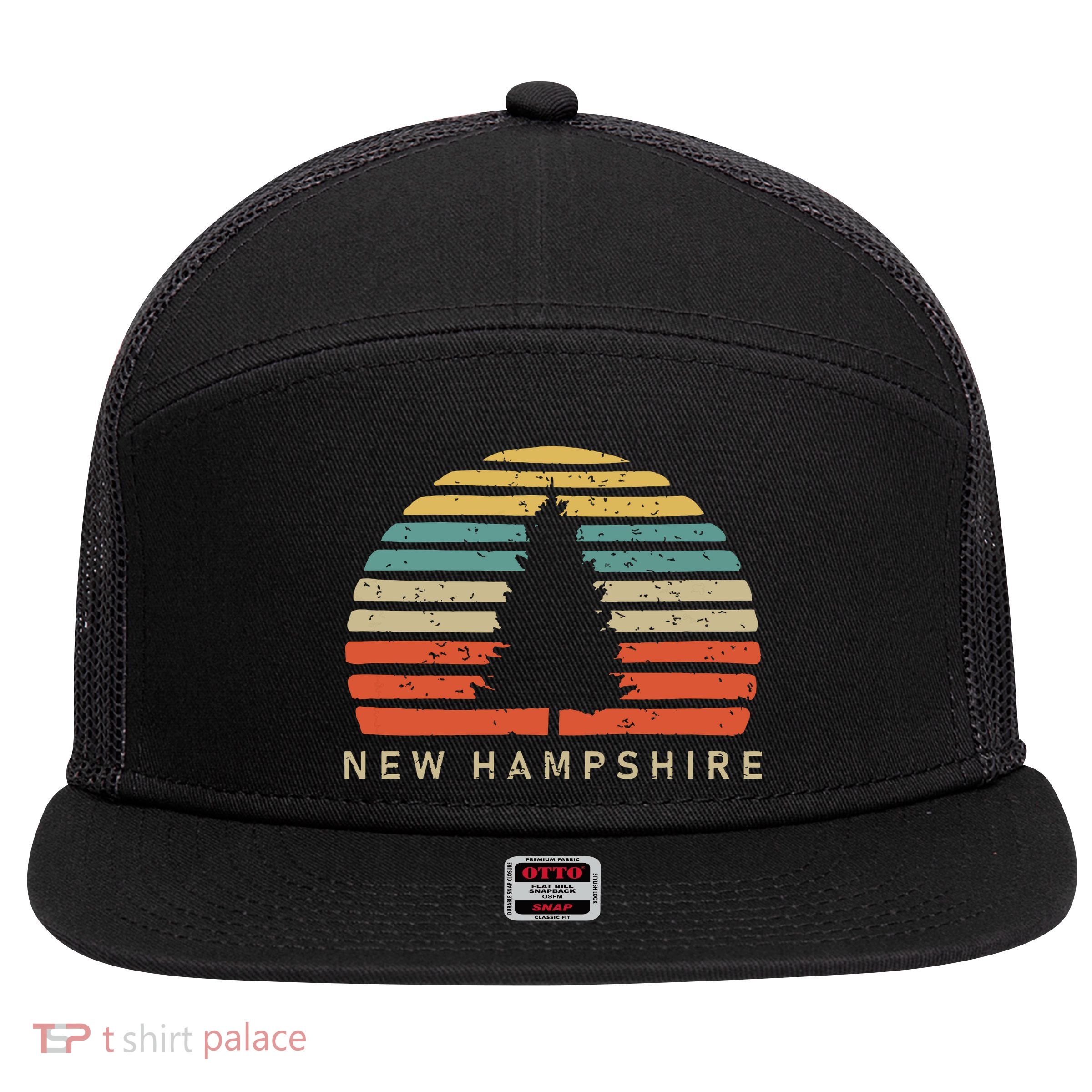 Retro Sunset New Hampshire Pine Tree 7 Panel Mesh Trucker Snapback Hat