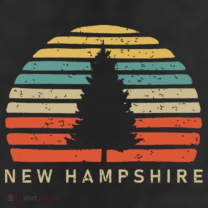 Retro Sunset New Hampshire Pine Tree 7 Panel Mesh Trucker Snapback Hat