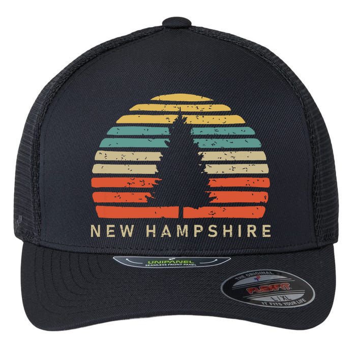 Retro Sunset New Hampshire Pine Tree Flexfit Unipanel Trucker Cap