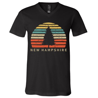 Retro Sunset New Hampshire Pine Tree V-Neck T-Shirt