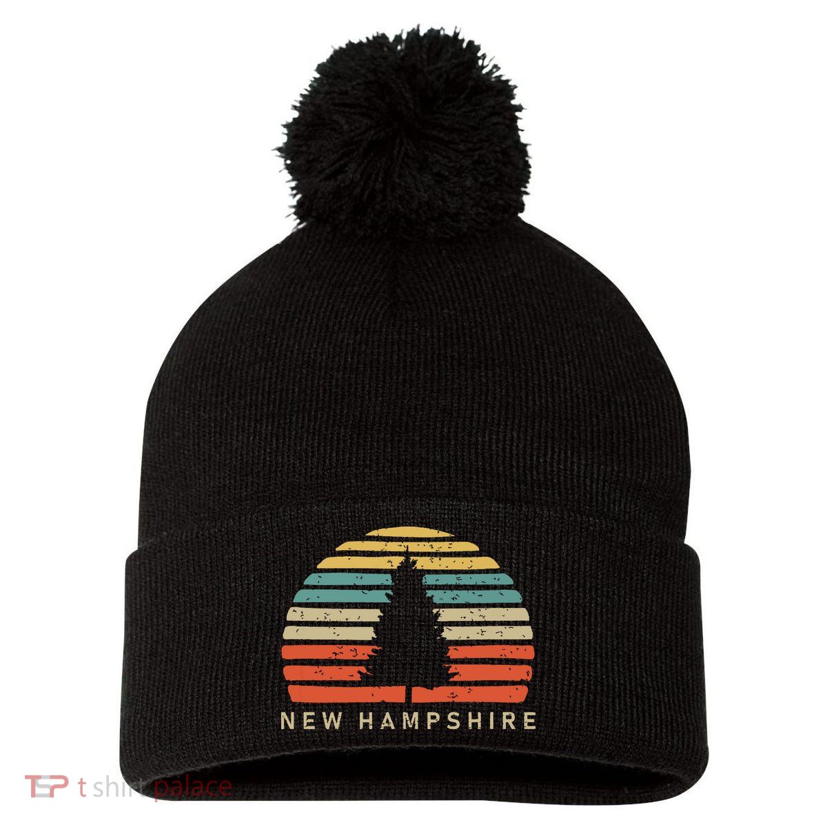 Retro Sunset New Hampshire Pine Tree Pom Pom 12in Knit Beanie
