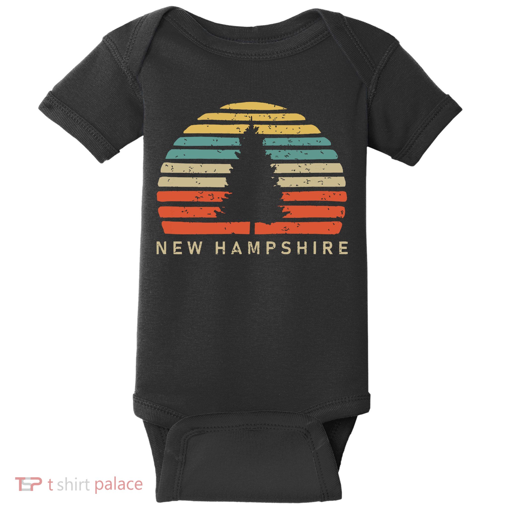 Retro Sunset New Hampshire Pine Tree Baby Bodysuit