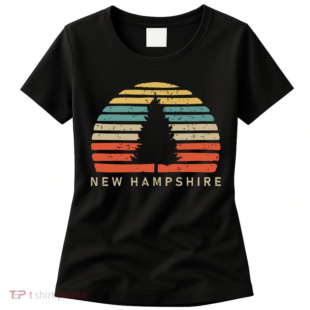 Retro Sunset New Hampshire Pine Tree Womens T-Shirt