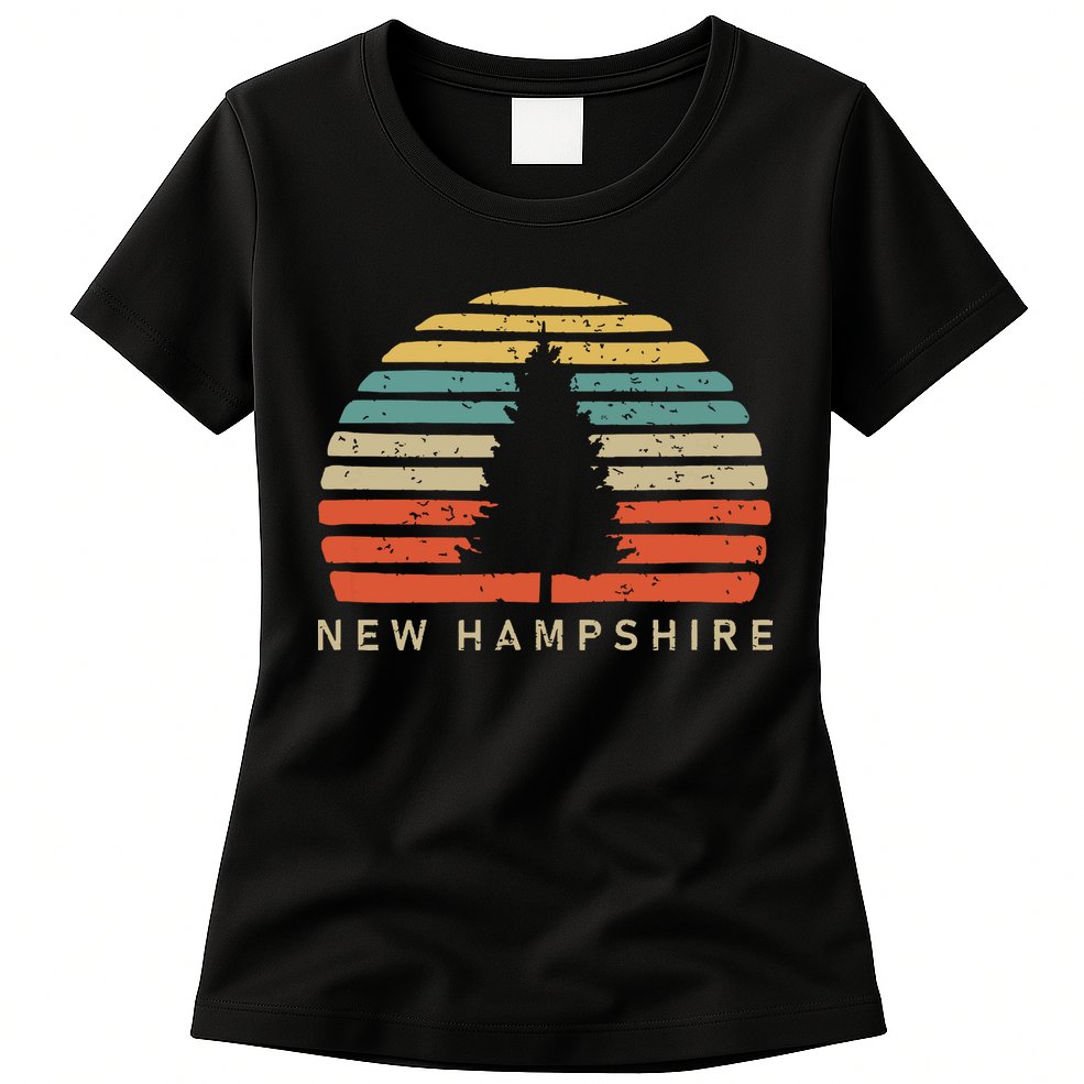 Retro Sunset New Hampshire Pine Tree Womens T-Shirt