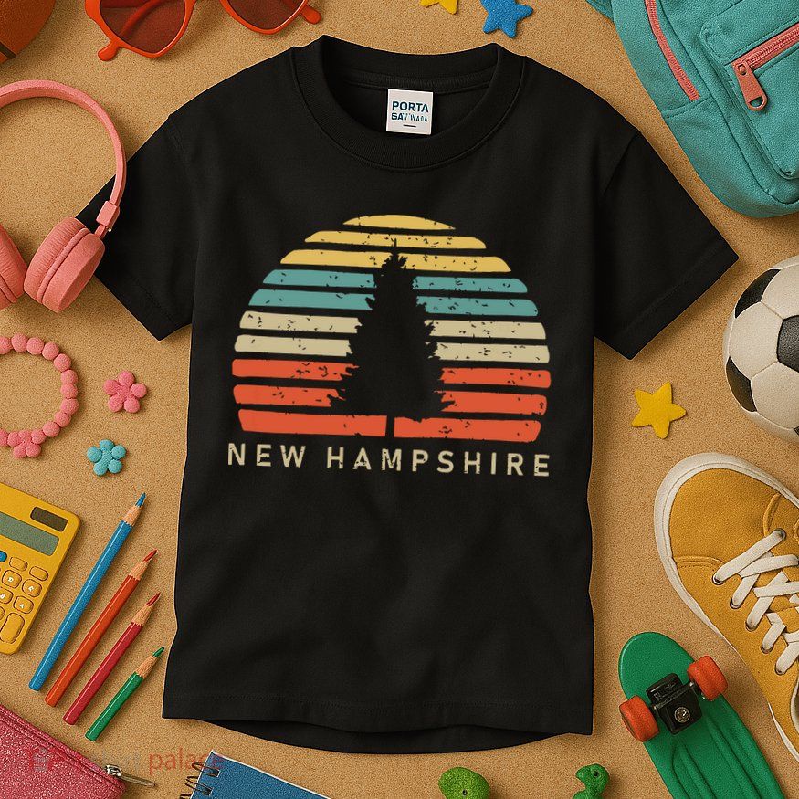 Retro Sunset New Hampshire Pine Tree Kids T-Shirt