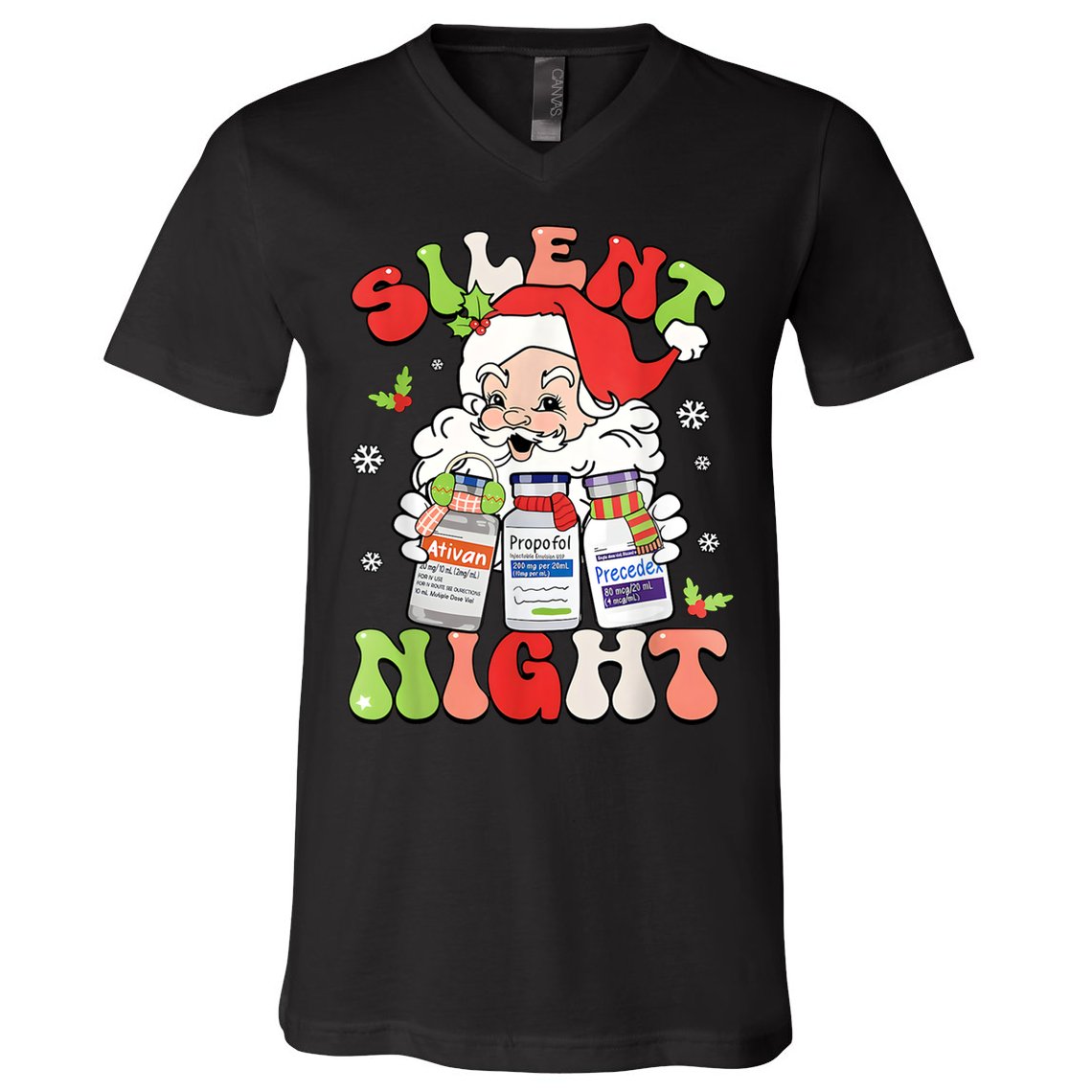 Retro Silent Night Icu Nurse Christmas Intensive Care Unit V-Neck T-Shirt