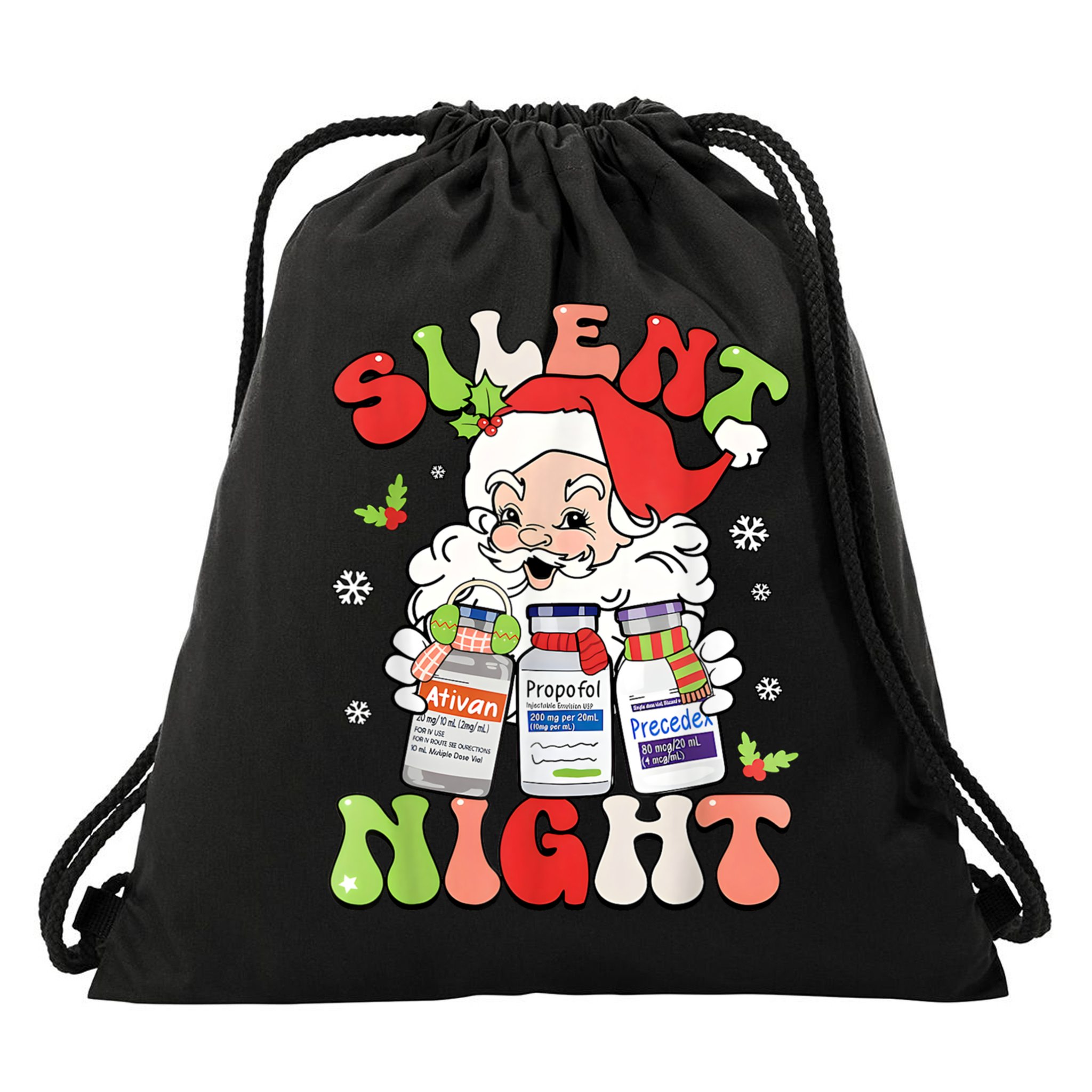 Retro Silent Night Icu Nurse Christmas Intensive Care Unit Drawstring Bag
