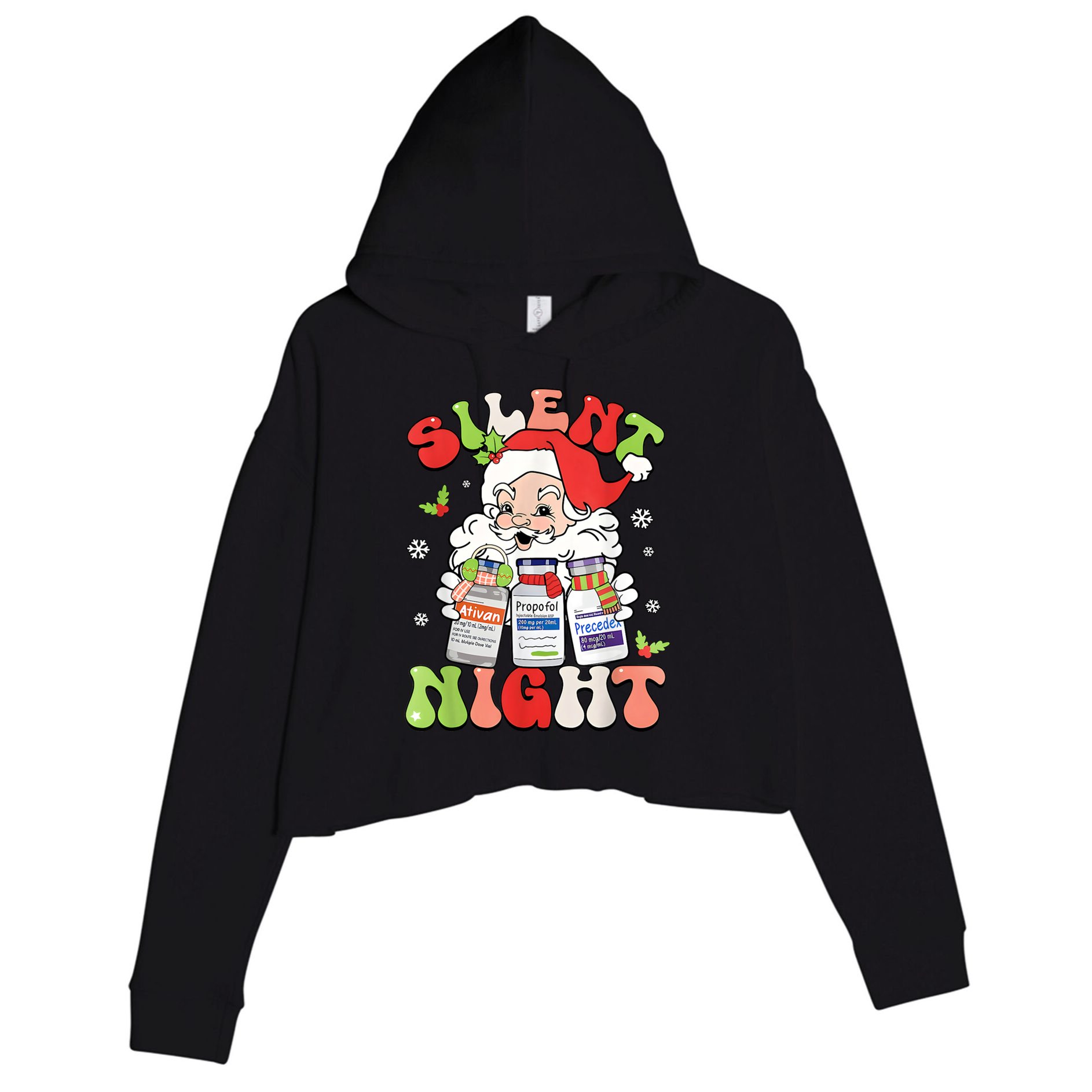 Retro Silent Night Icu Nurse Christmas Intensive Care Unit Crop Fleece Hoodie