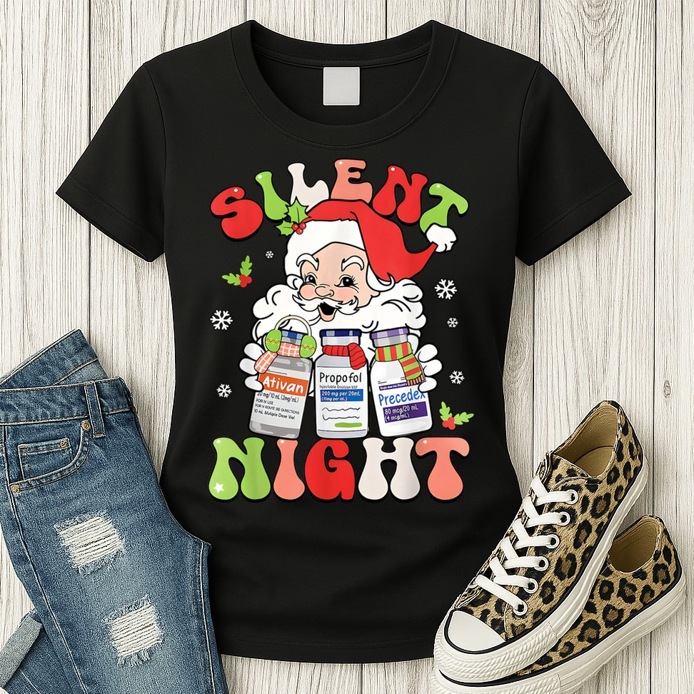 Retro Silent Night Icu Nurse Christmas Intensive Care Unit Womens T-Shirt