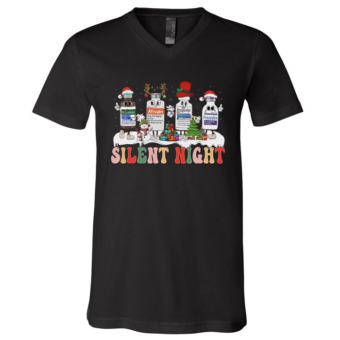 Retro Silent Night Icu Nurse Christmas V-Neck T-Shirt