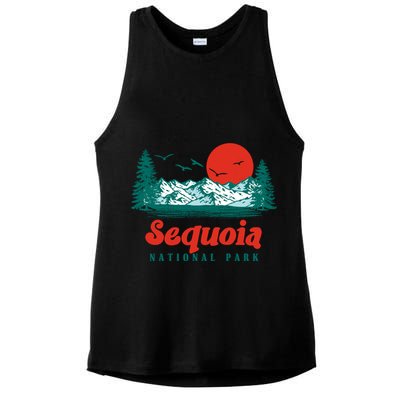 Retro Sequoia National Park Mountain Trees And Sun Graphic Gift Ladies PosiCharge Tri-Blend Wicking Tank
