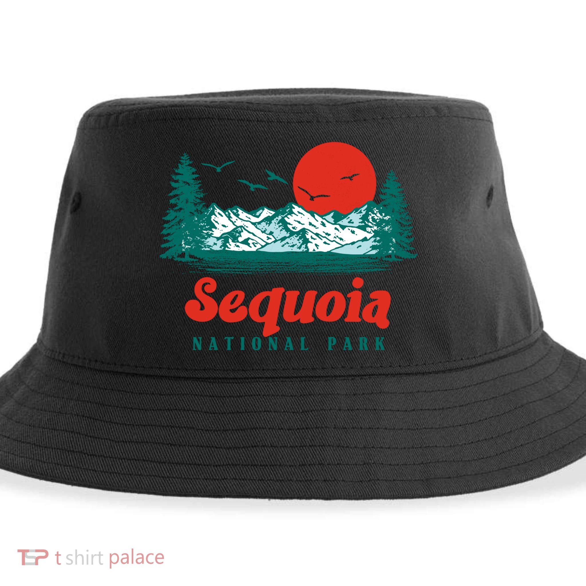 Retro Sequoia National Park Mountain Trees And Sun Graphic Gift Sustainable Bucket Hat
