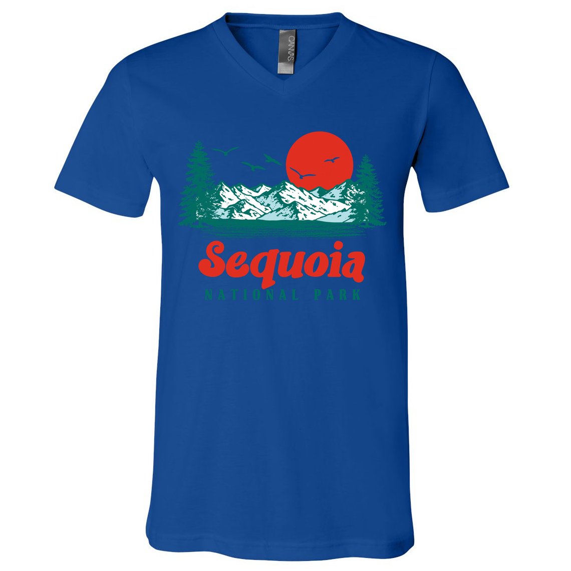 Retro Sequoia National Park Mountain Trees And Sun Graphic Gift V-Neck T-Shirt