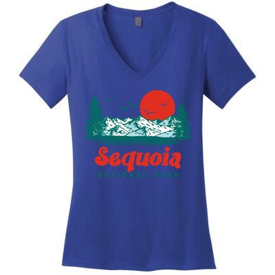 Retro Sequoia National Park Mountain Trees And Sun Graphic Gift Women's V-Neck T-Shirt