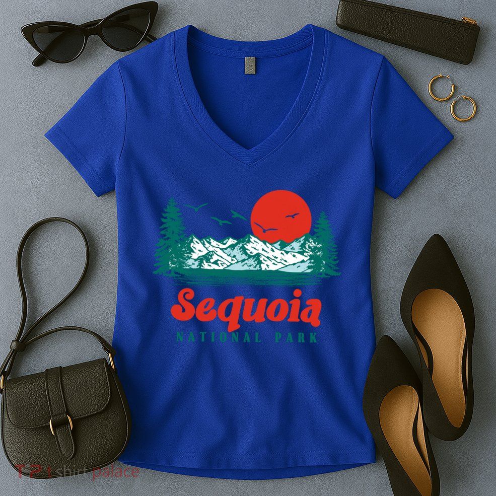 Retro Sequoia National Park Mountain Trees And Sun Graphic Gift Women's V-Neck T-Shirt
