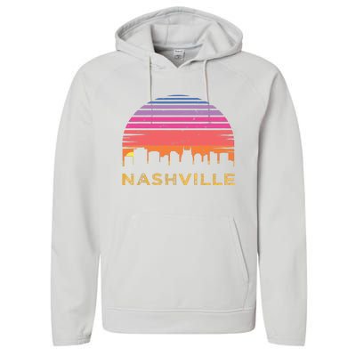 Retro Sunset Nashville Tennessee Vintage Skyline Souvenir Performance Fleece Hoodie