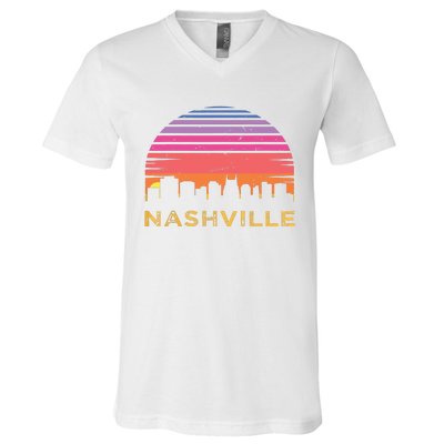 Retro Sunset Nashville Tennessee Vintage Skyline Souvenir V-Neck T-Shirt