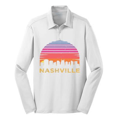 Retro Sunset Nashville Tennessee Vintage Skyline Souvenir Silk Touch Performance Long Sleeve Polo