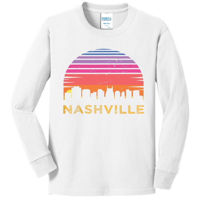 Retro Sunset Nashville Tennessee Vintage Skyline Souvenir Kids Long Sleeve Shirt