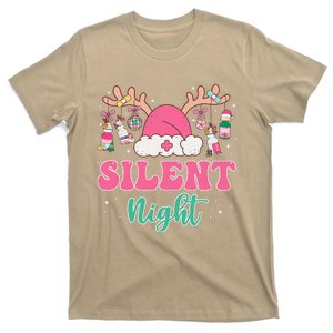 Retro Silent Night Icu Nurse Christmas Santa Hat Bow Xmas T-Shirt