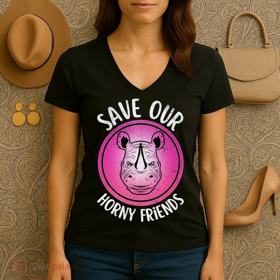 Rhino Save Our Horny Friends Funny Rhinoceros Women's V-Neck T-Shirt