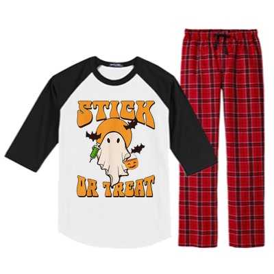 Retro Stick Or Treat Nurse Halloween Ghost Spooky Season Raglan Sleeve Pajama Set