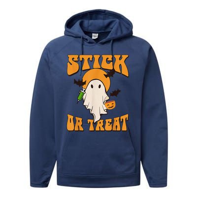 Retro Stick Or Treat Nurse Halloween Ghost Spooky Season Performance Fleece Hoodie