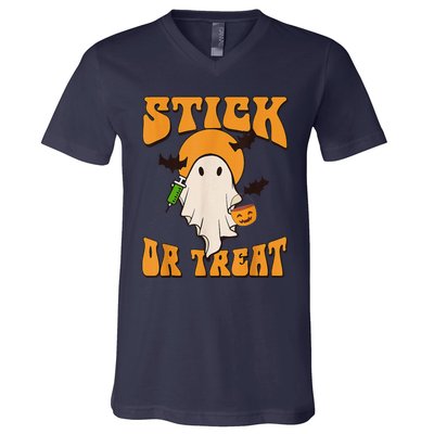 Retro Stick Or Treat Nurse Halloween Ghost Spooky Season V-Neck T-Shirt