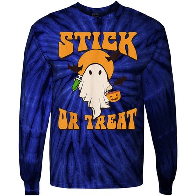 Retro Stick Or Treat Nurse Halloween Ghost Spooky Season Tie-Dye Long Sleeve Shirt